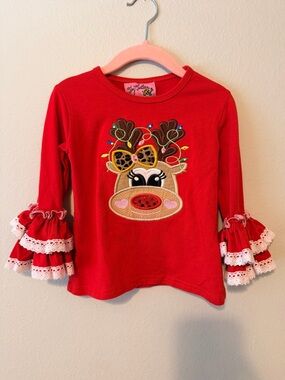 Boutique Red Holiday Reindeer Ruffle Sleeve Long-Sleeve Top